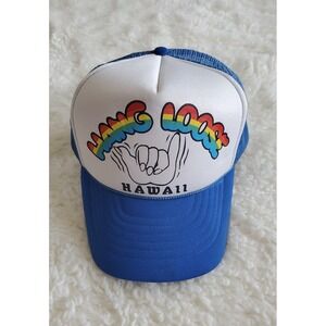 Hang Loose Hawaii Trucker Cap Vintage Mesh Snap Back Blue White Rainbow NEW